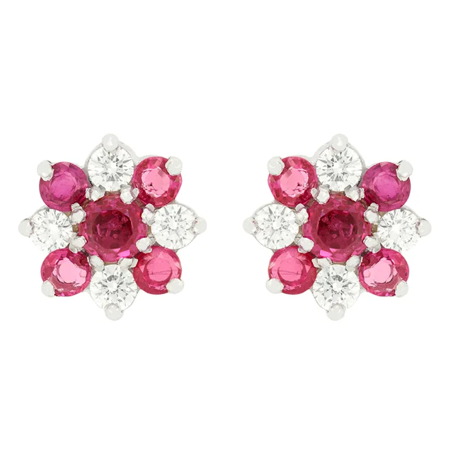 Vintage 2.00ct Ruby and Diamond Cluster Earrings, hallmarked 1978
