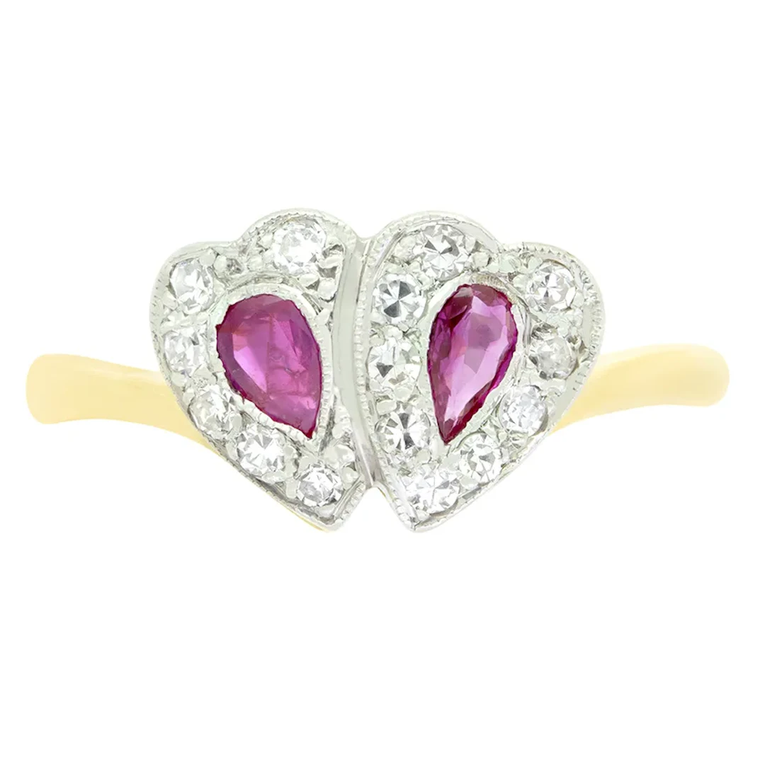 Edwardian 0.40ct Ruby and Diamond Double Heart Cluster Ring, c.1910s