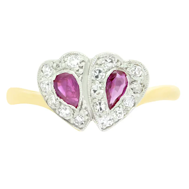 Edwardian 0.40ct Ruby and Diamond Double Heart Cluster Ring, c.1910s