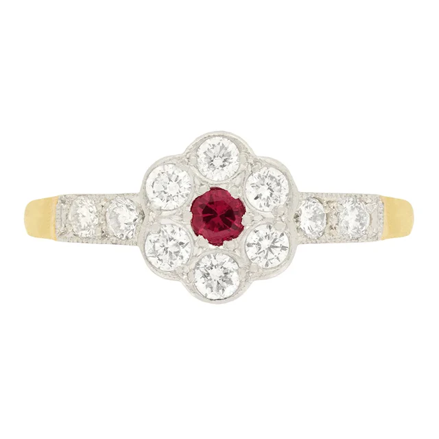Late Deco 0.10ct Ruby and Diamond Daisy Cluster Ring, c.1930s