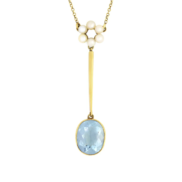 Edwardian 3.00ct Aqua and Pearl Drop Necklace, c.1915