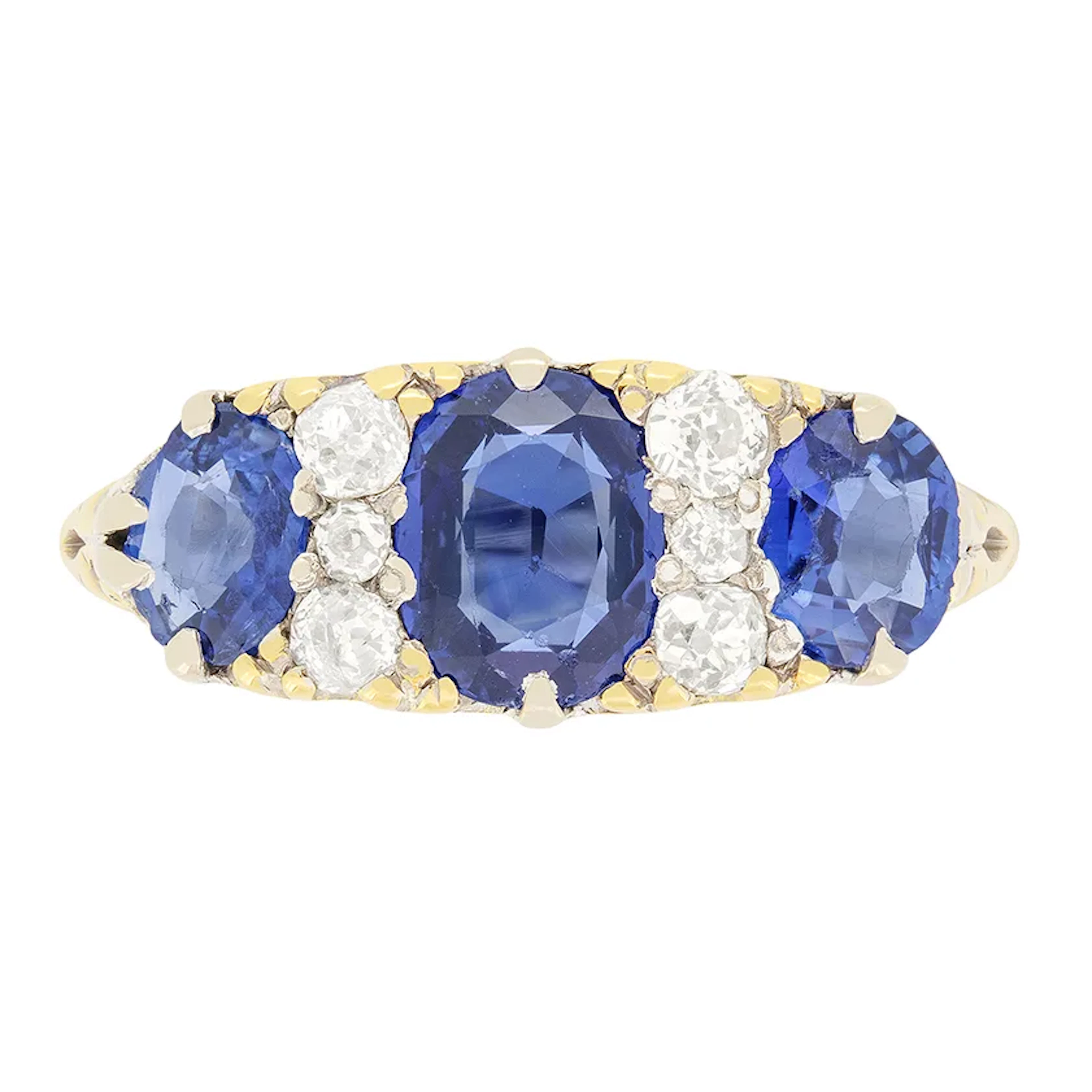 Victorian 1.90ct Sapphire and Diamond Carved Shank Ring, c.1880s