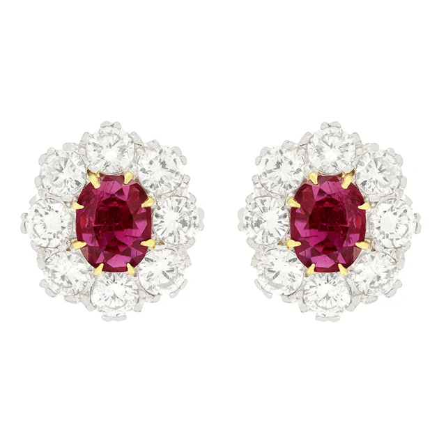 Vintage 2.00ct Ruby and Diamond Cluster Earrings, c.1950s