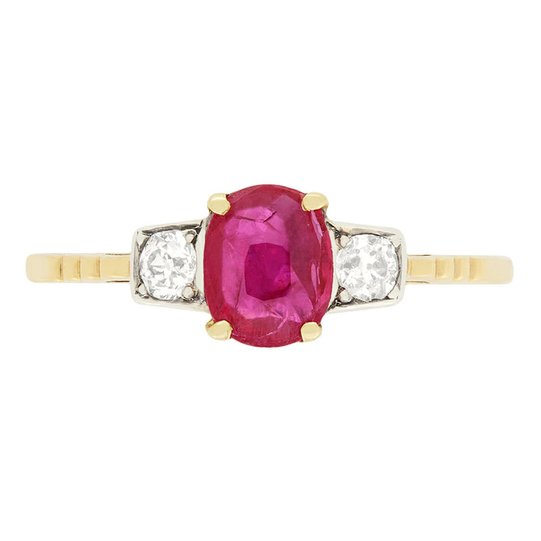 Edwardian 0.55ct Ruby and Diamond Three Stone Ring, c.1910s