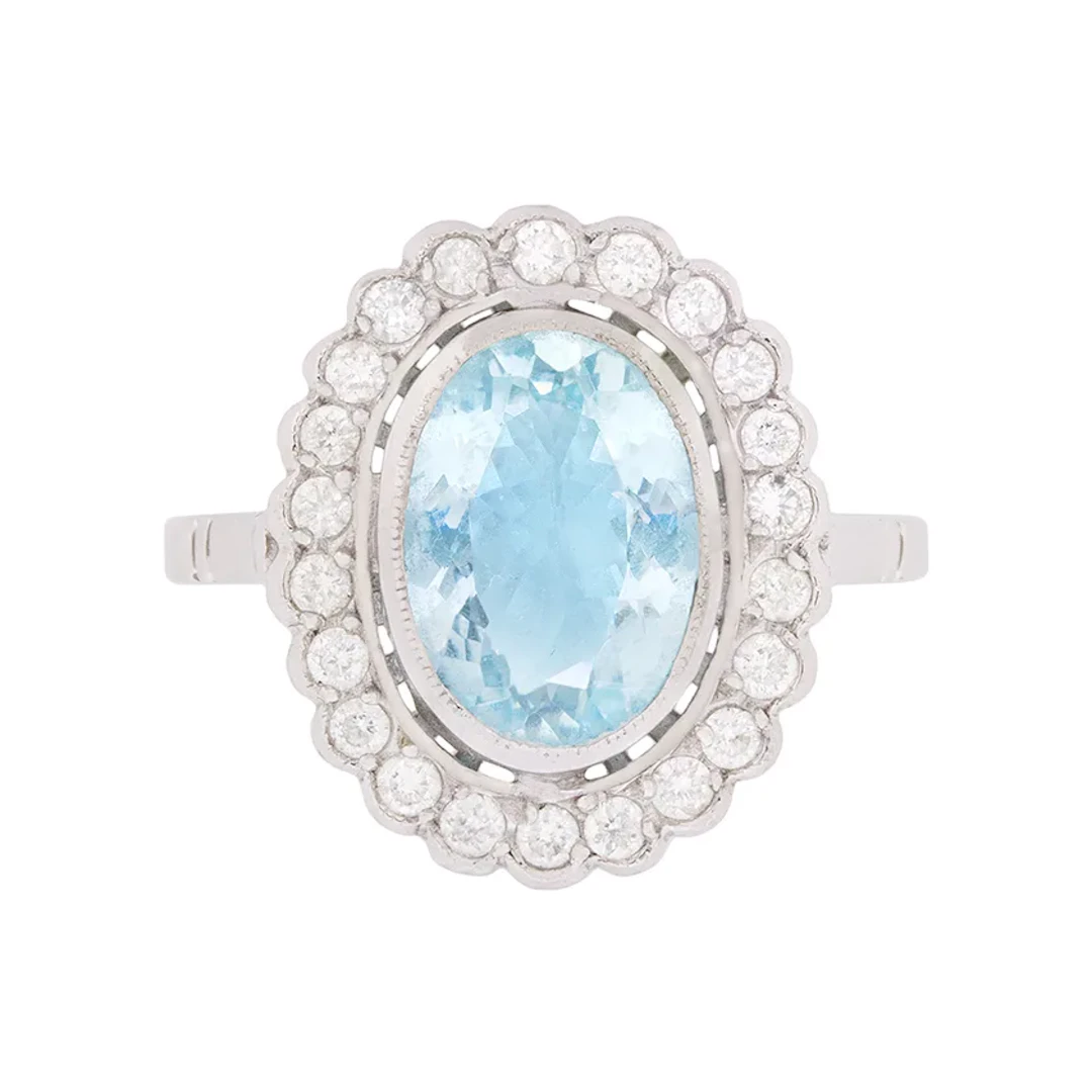 Vintage 3.00ct Aquamarine and Diamond Halo Ring, c.1950s