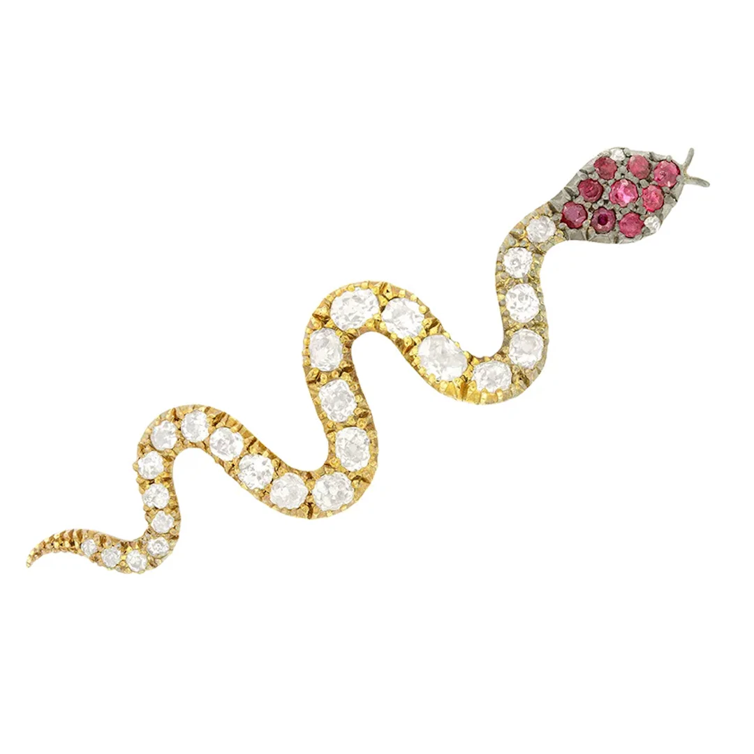 Victorian 1.35ct Diamond and Ruby Snake Brooch, c.1880s