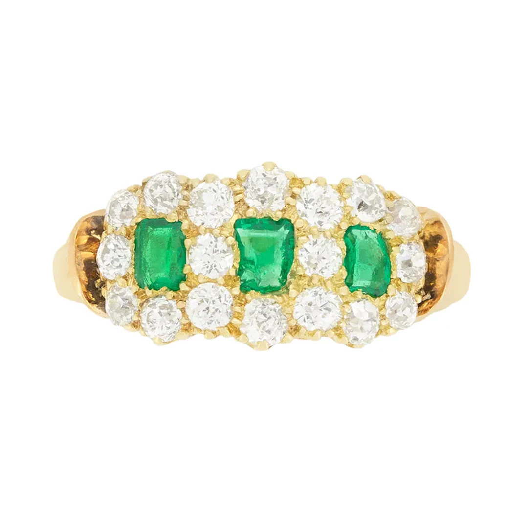 Victorian 0.50ct Emerald and Diamond Triple Cluster Ring, c.1880s