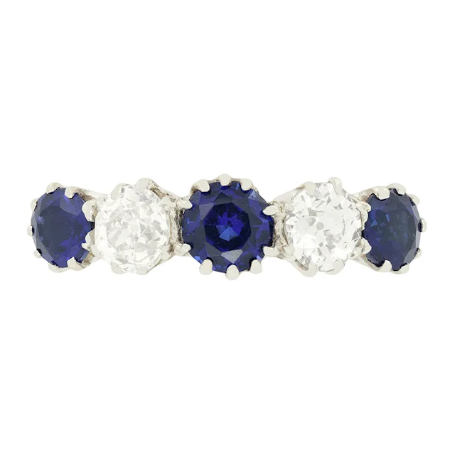 Edwardian 1.30ct Sapphire and Diamond Five Stone Ring, c.1910s