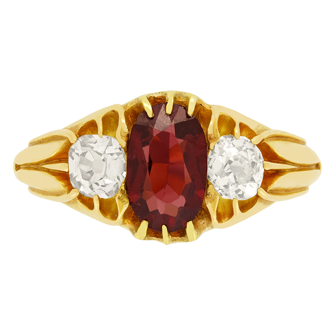 Victorian 1.60ct Garnet and Diamond Three Stone Ring, c.1880s