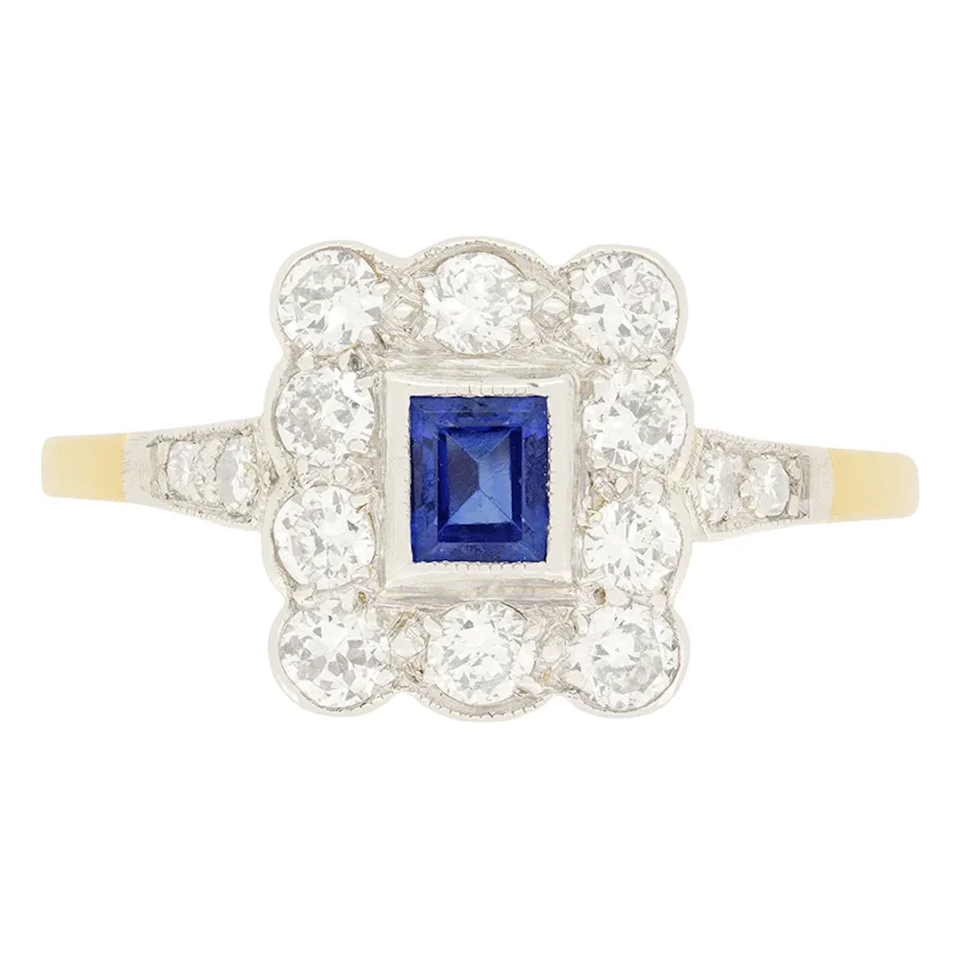 Edwardian 0.25ct Sapphire and Diamond Cluster Ring, c.1910s