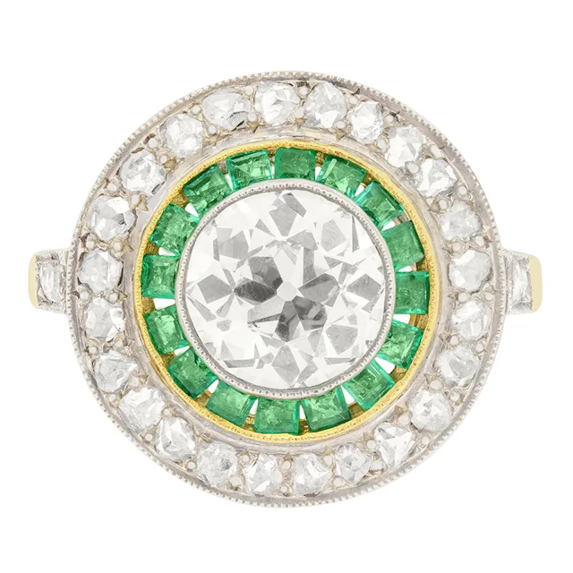 Vintage 1.70ct Diamond and Emerald Target Ring, c.1950s