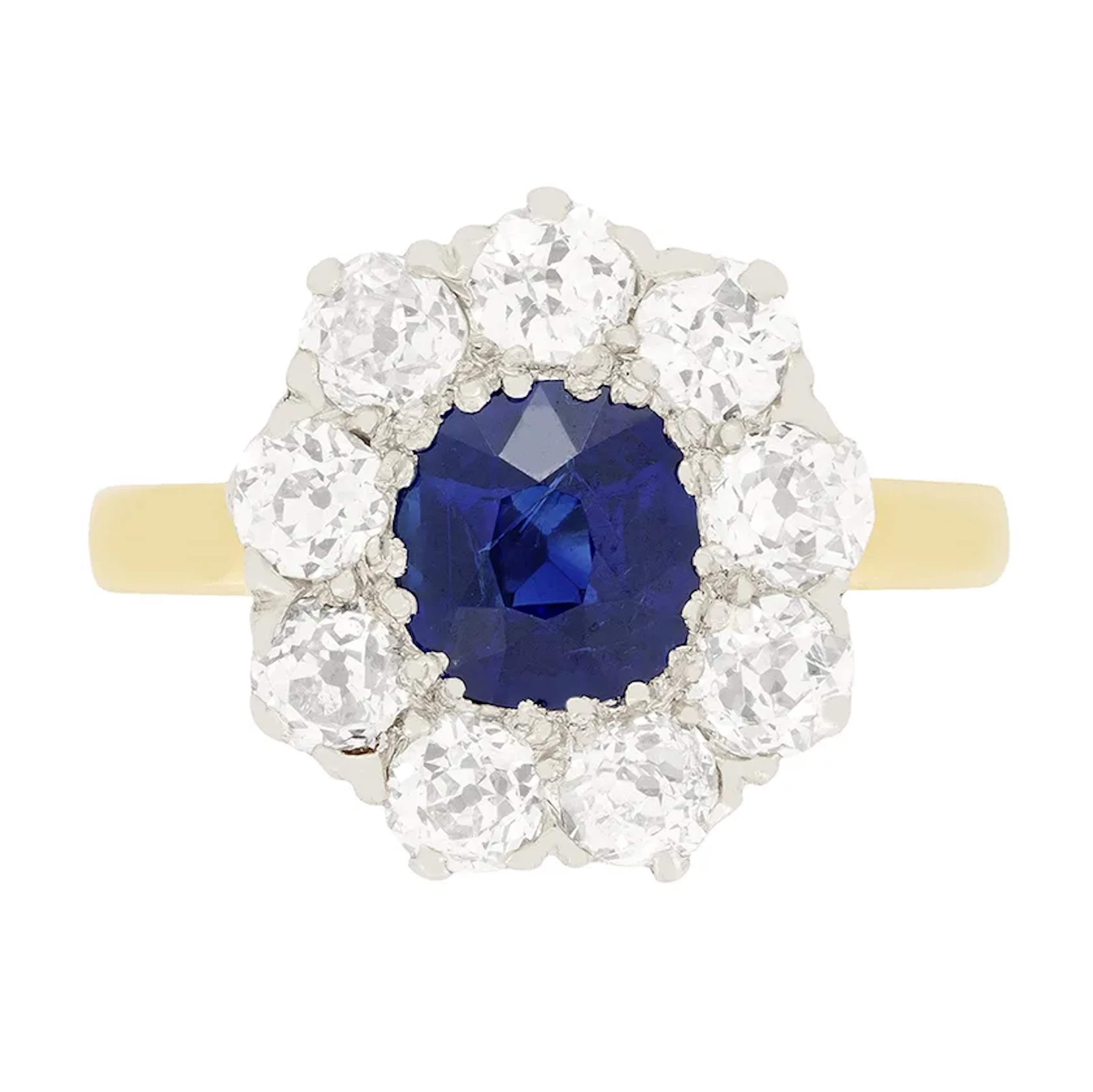 Edwardian 1.00ct Sapphire and Diamond Cluster Ring, c.1910s