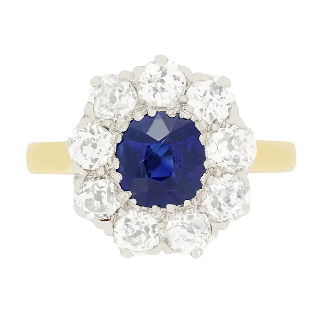 Edwardian 1.00ct Sapphire and Diamond Cluster Ring, c.1910s