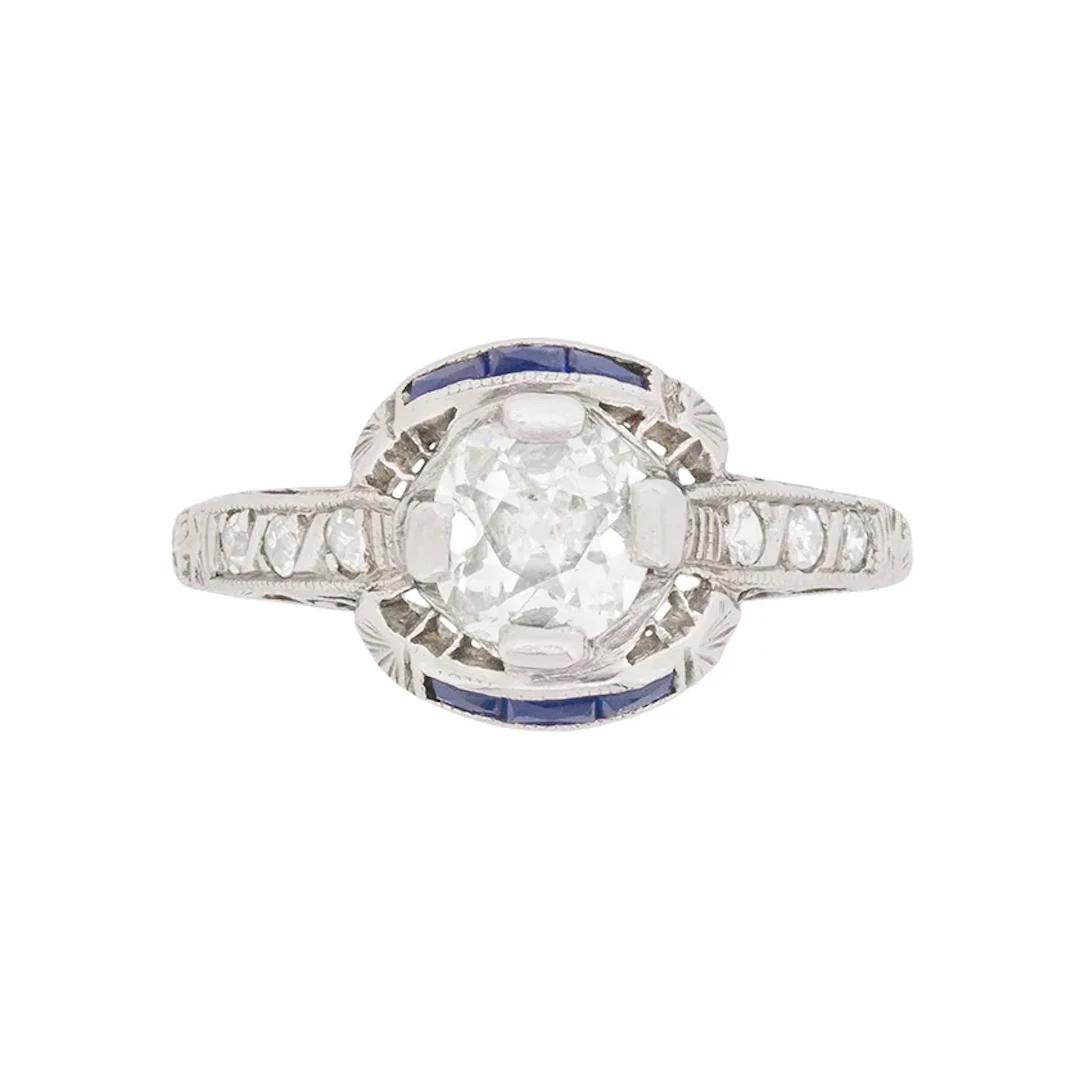 Art Deco 0.64ct Diamond and Sapphire Solitaire Ring, c.1920s
