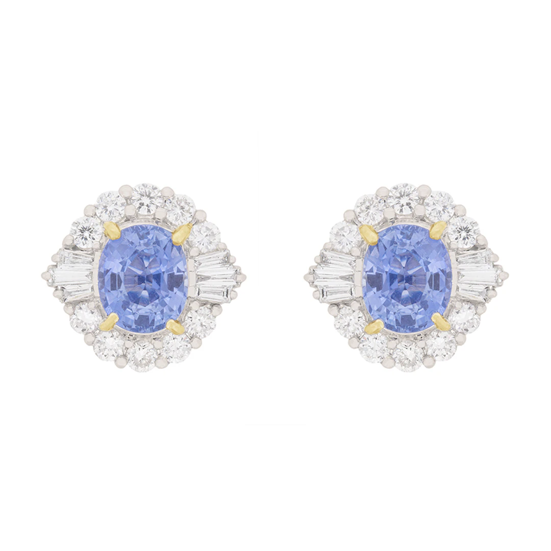 Contemporary 2.80ct Sapphire and Diamond Art Deco Inspired Cluster Earrings