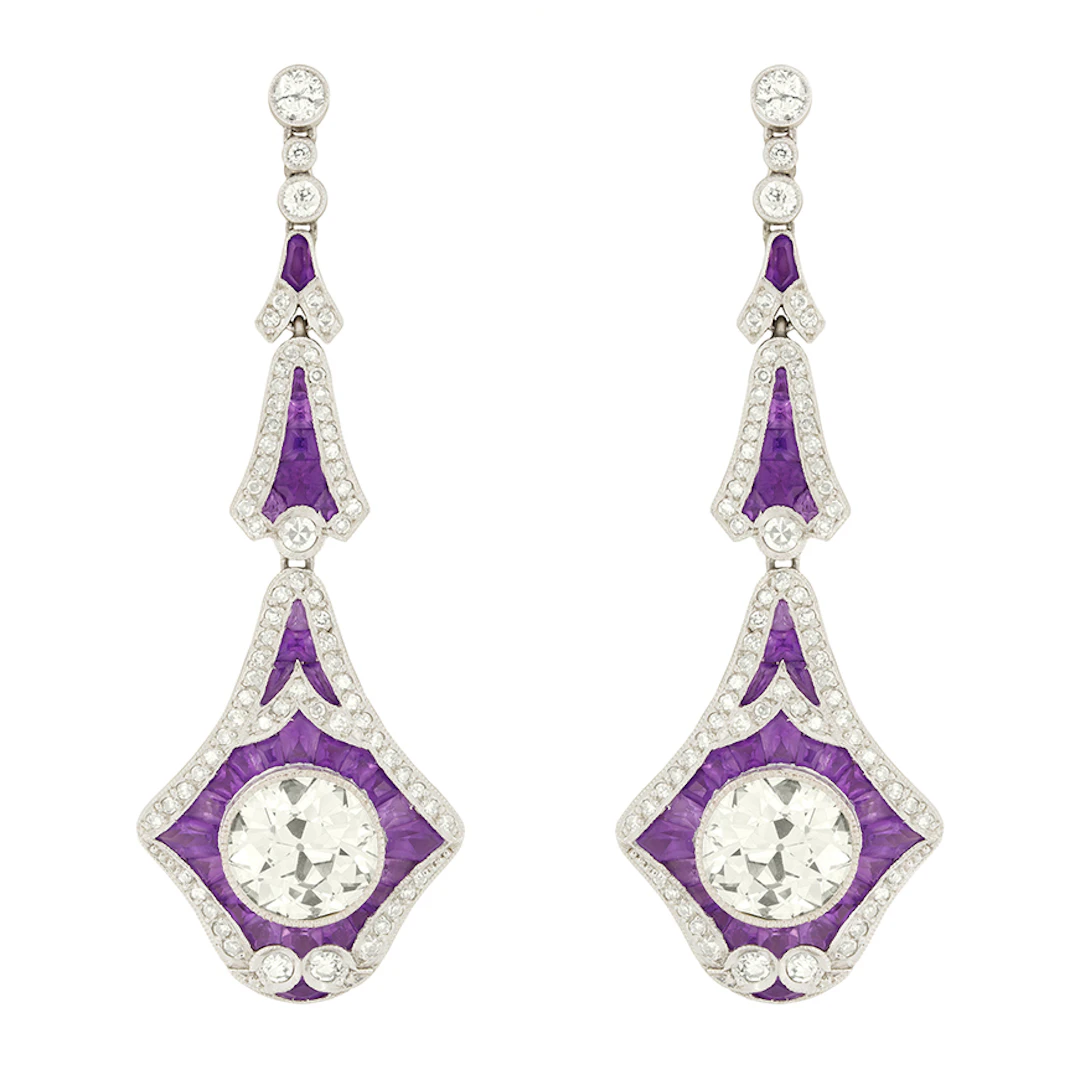 Vintage 6.00ct Diamond and Amethyst Drop Earrings, c.1950s