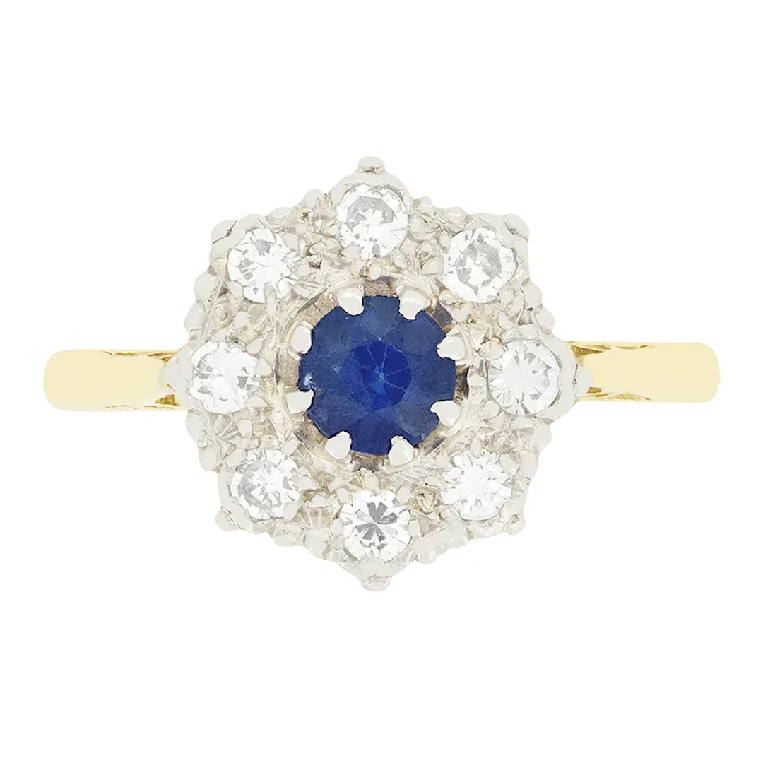 Late Deco 0.40ct Sapphire and Diamond Cluster Ring, c.1940s