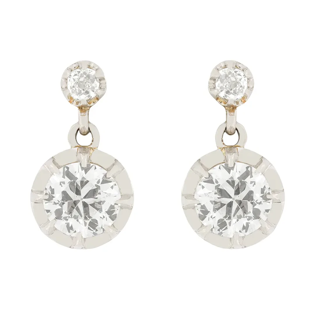 French 2.00ct Old Cut Diamond Earrings, c.1910s