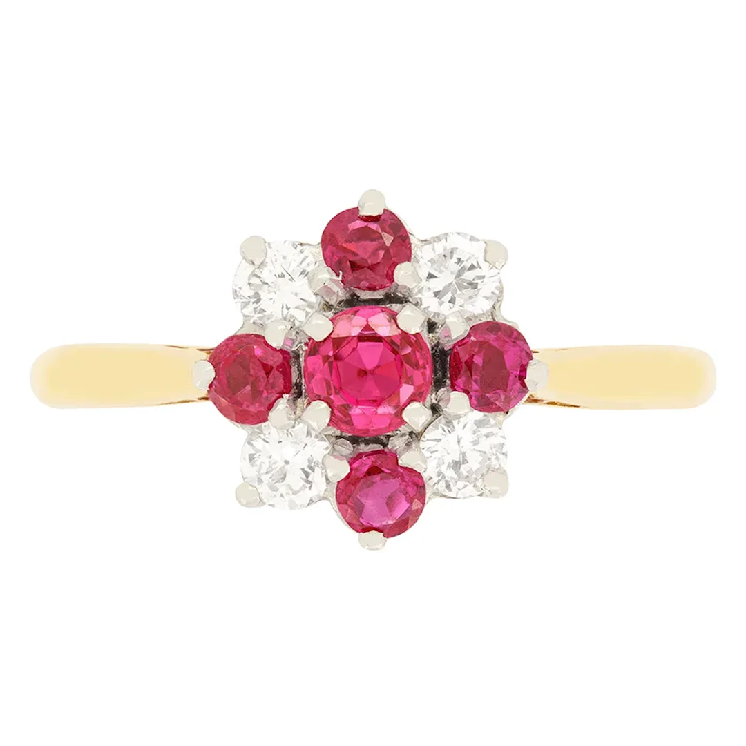 Vintage 0.40ct Ruby and Diamond Cluster Ring, c.1940s
