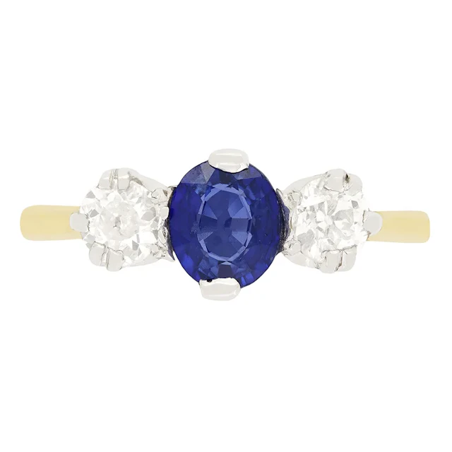 Edwardian 0.80ct Sapphire and Diamond Three Stone Ring, c.1910s