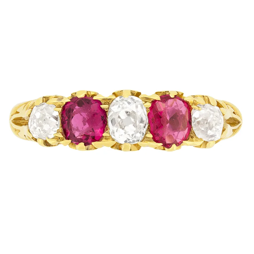 Victorian 0.70ct Diamond and Pink Sapphire Five Stone Ring, c.1880s