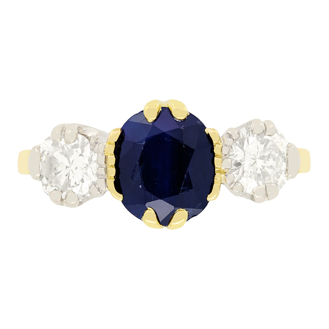 Vintage 1.50ct Sapphire and Diamond Trilogy Ring, c.1950s