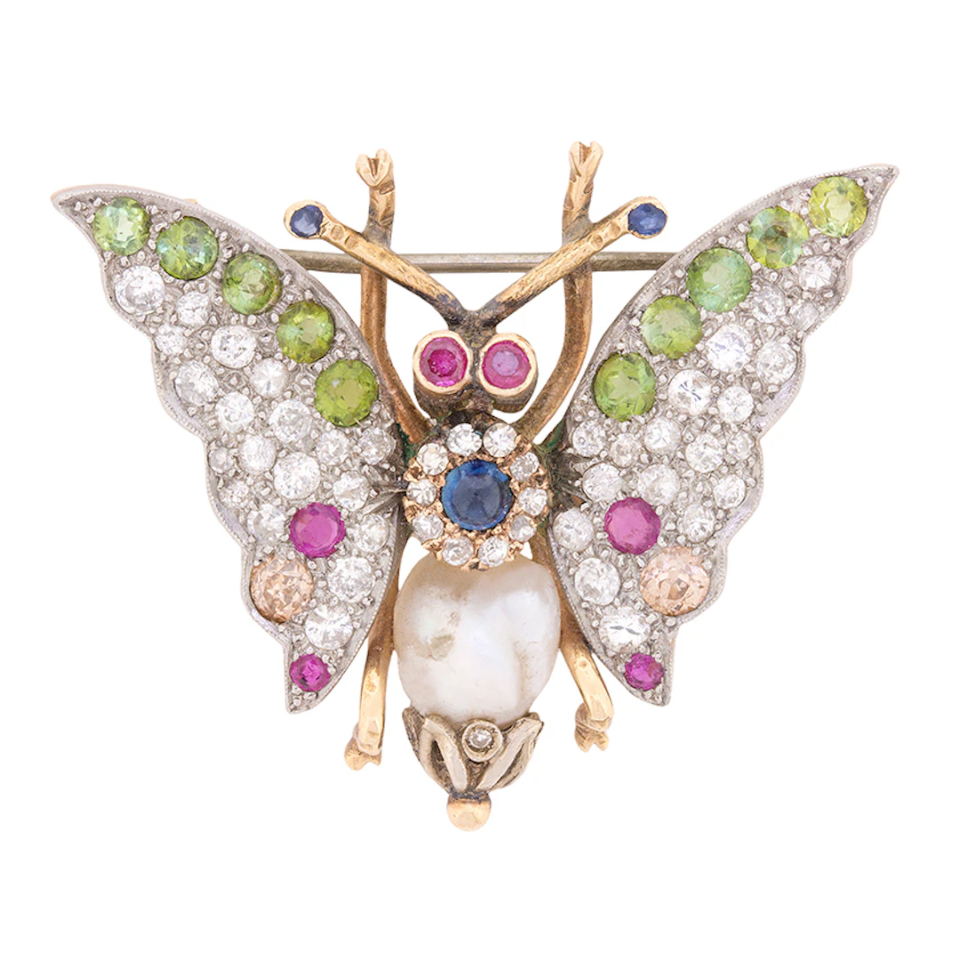 Late Art Deco Diamond and Multi-Gem Butterfly Brooch, c.1930s