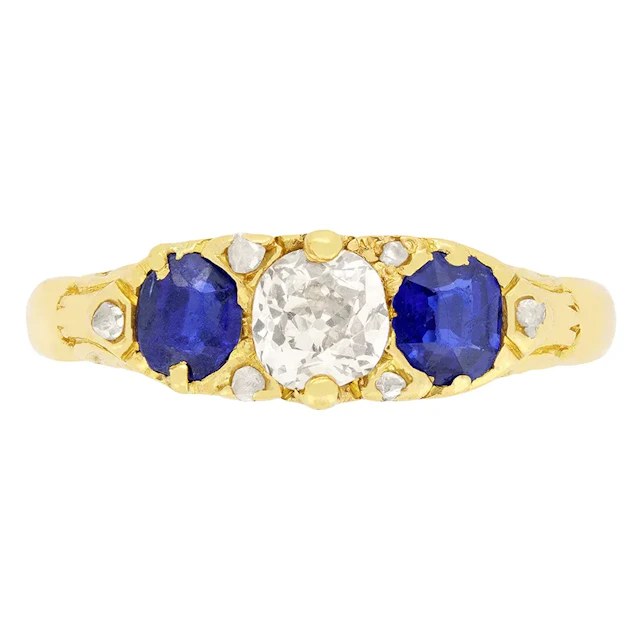 Victorian 0.40ct Sapphire and Diamond Three Stone Ring, c.1887