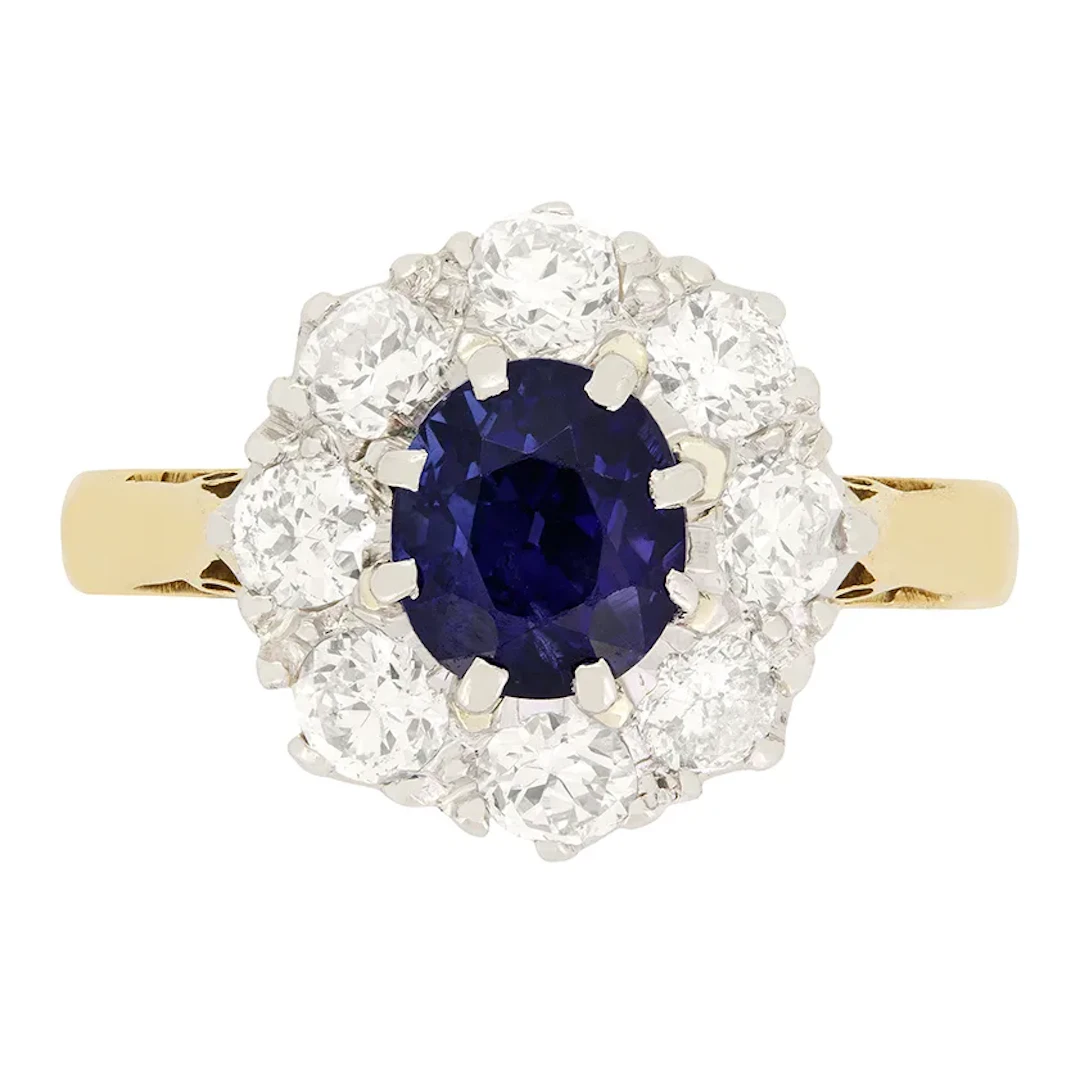 Edwardian 1.35ct Sapphire and Diamond Cluster Ring, c.1910s