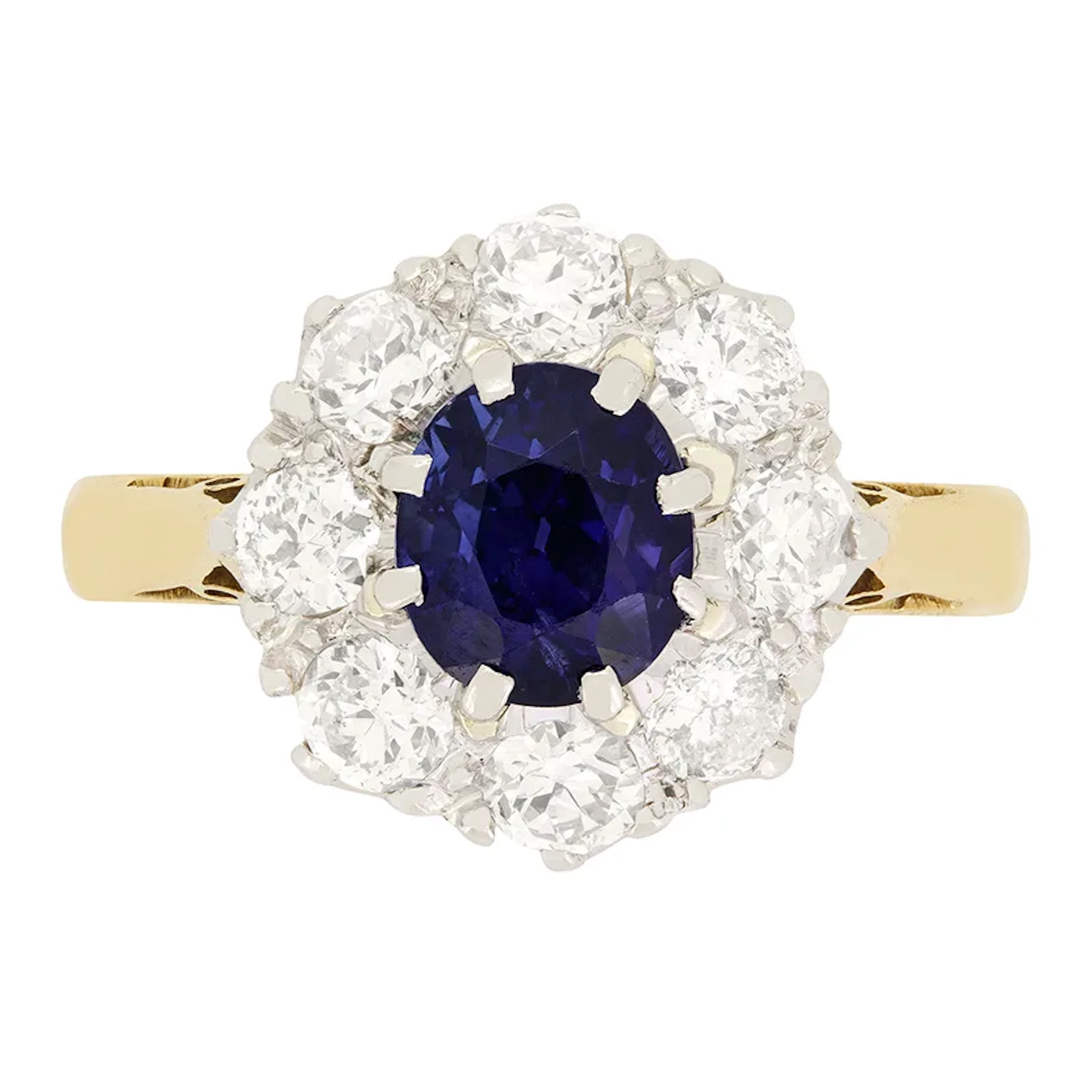 Edwardian 1.35ct Sapphire and Diamond Cluster Ring, c.1910s