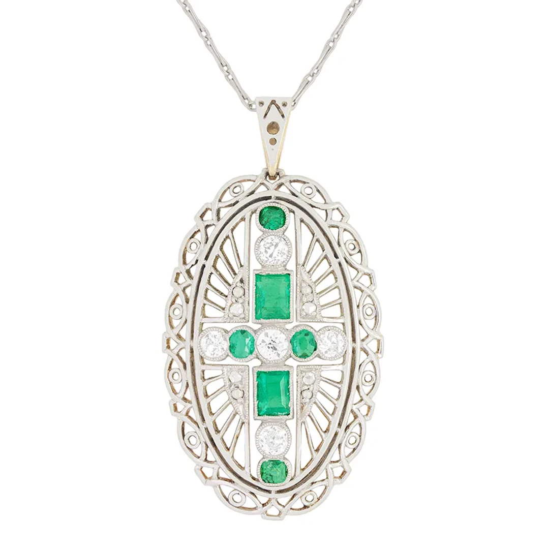 Edwardian 1.20ct Emerald and Diamond Pendant, c.1910s