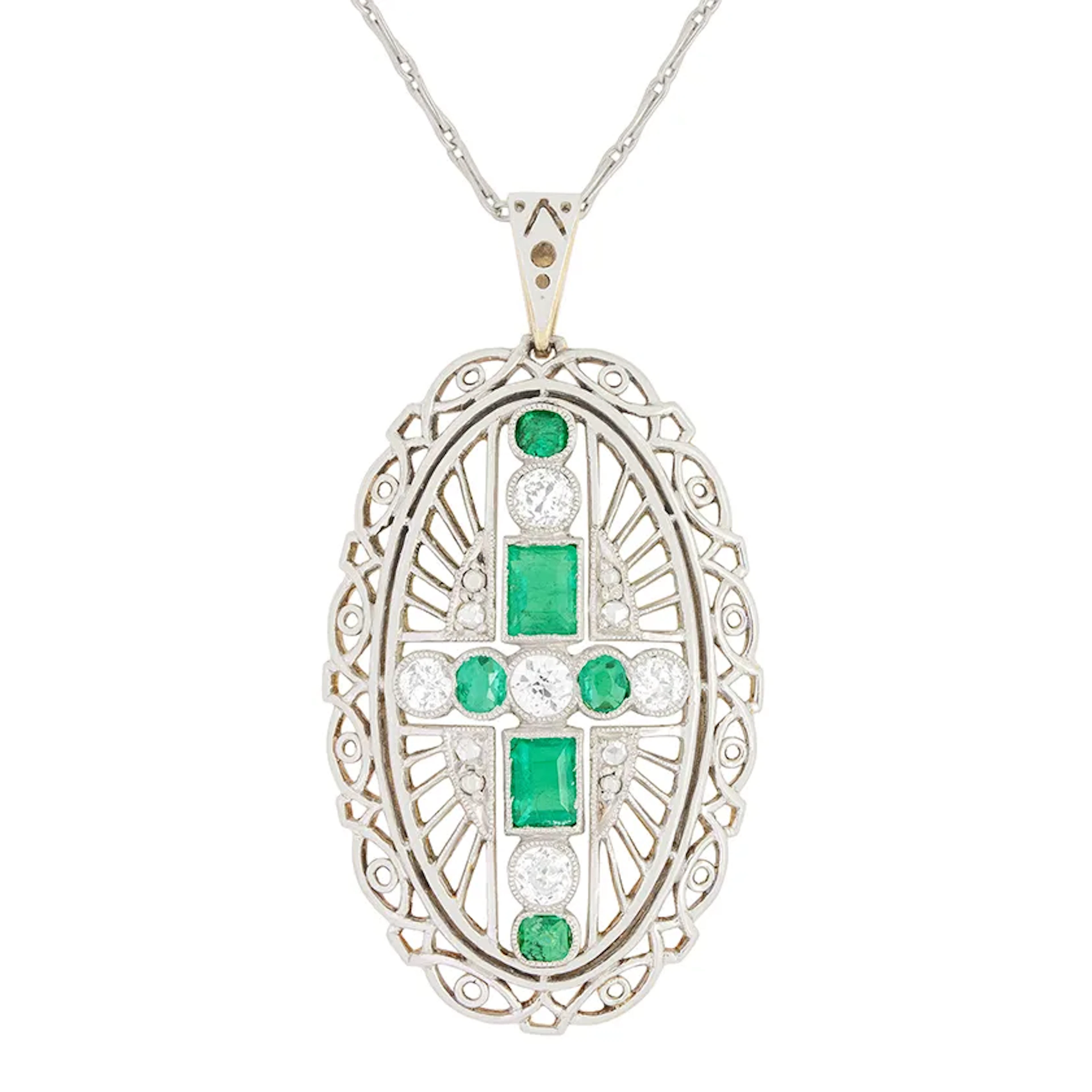 Edwardian 1.20ct Emerald and Diamond Pendant, c.1910s