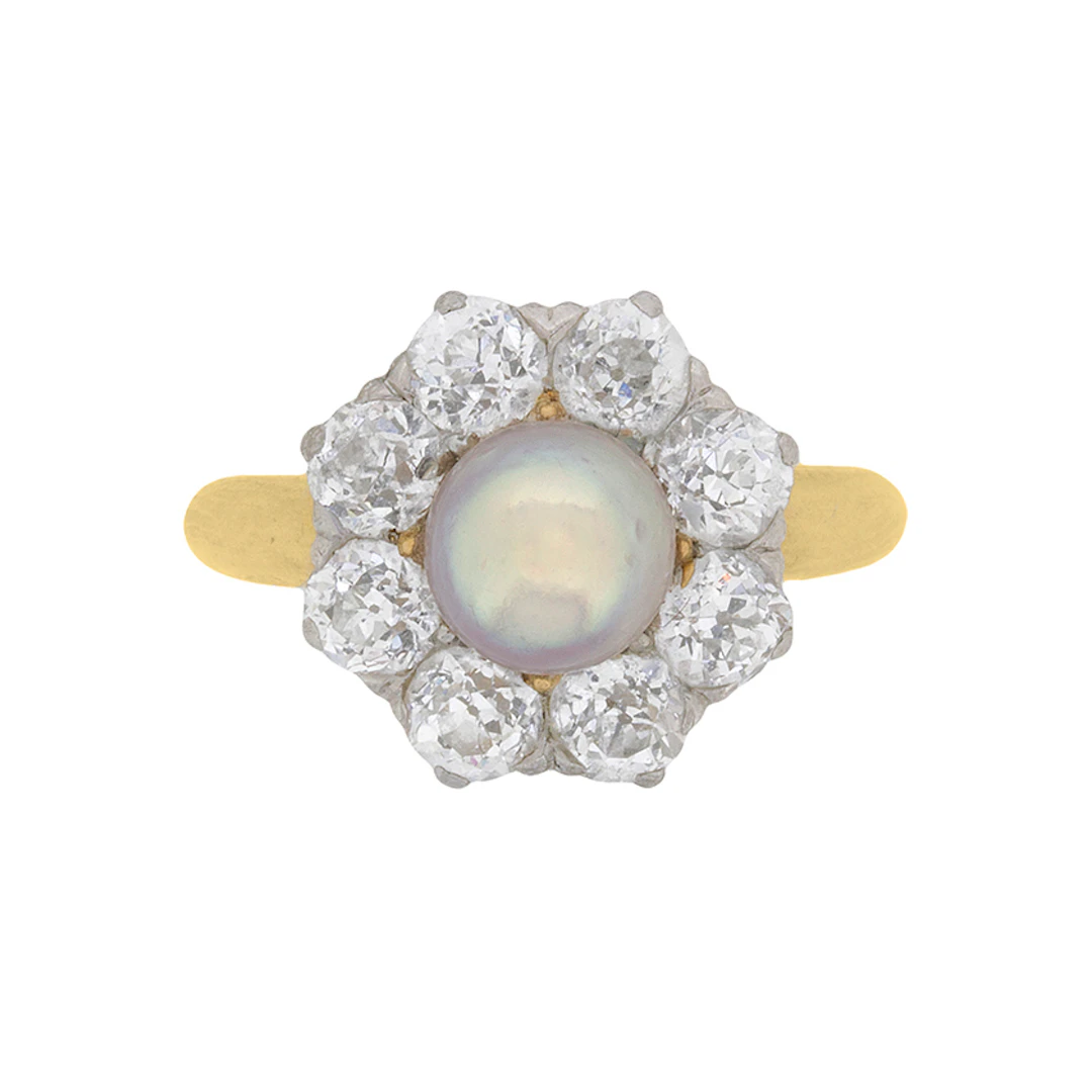 Late Victorian Natural Pearl and Diamond Cluster Ring, c.1910