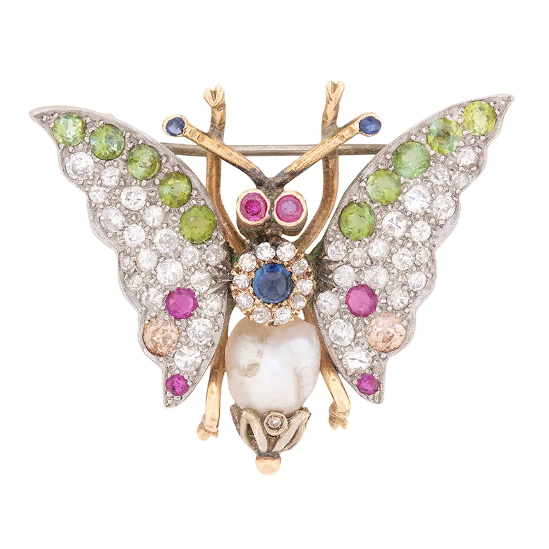 Late Art Deco Diamond and Multi-Gem Butterfly Brooch, c.1930s