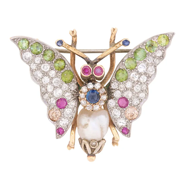 Late Art Deco Diamond and Multi-Gem Butterfly Brooch, c.1930s
