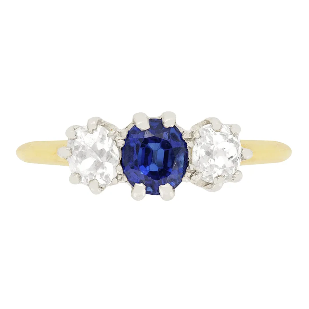Edwardian 0.50ct Sapphire and Diamond Three Stone Ring, c.1910s