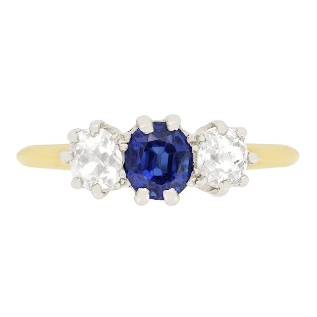 Edwardian 0.50ct Sapphire and Diamond Three Stone Ring, c.1910s