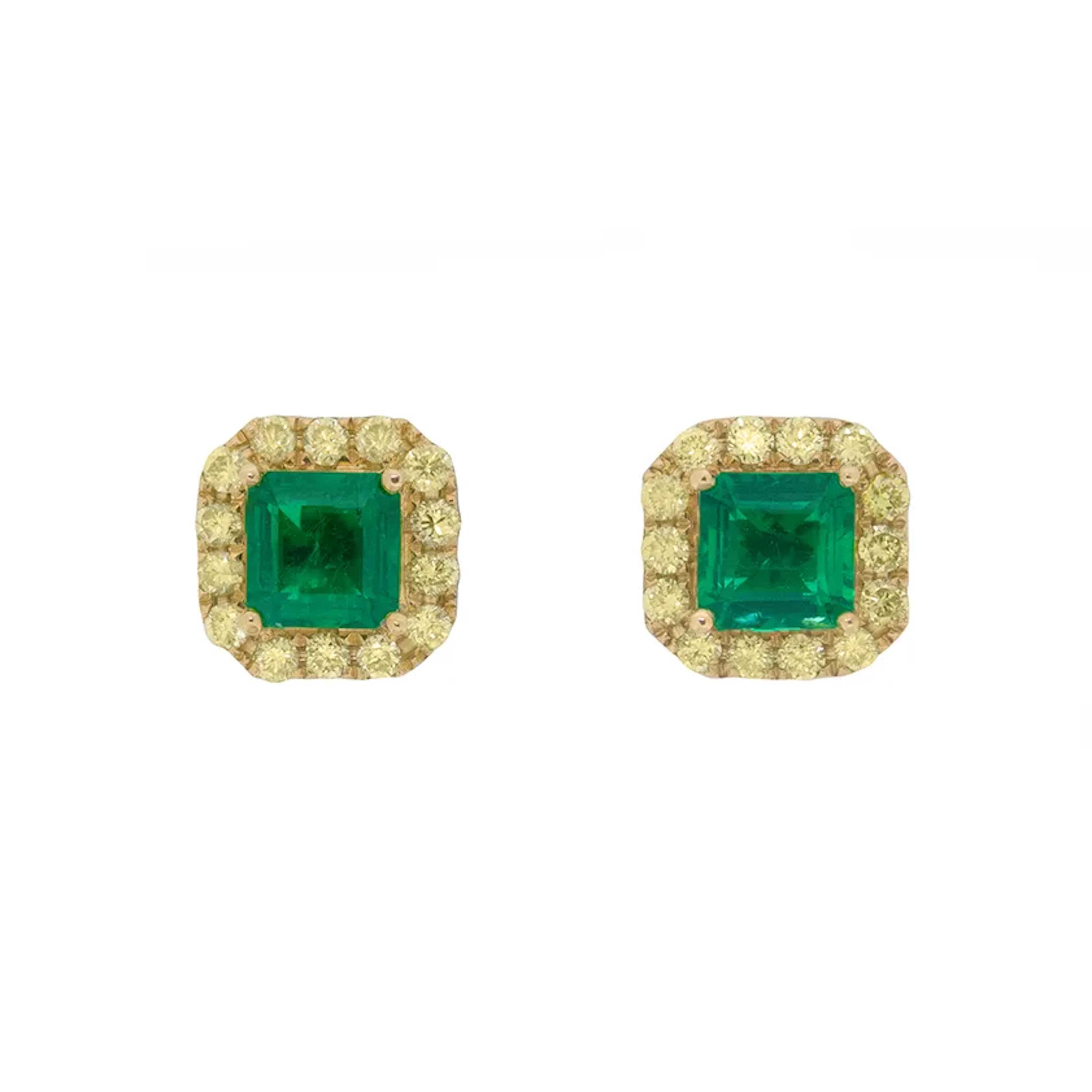Contemporary 1.29ct Emerald and Fancy Yellow Diamond Earrings