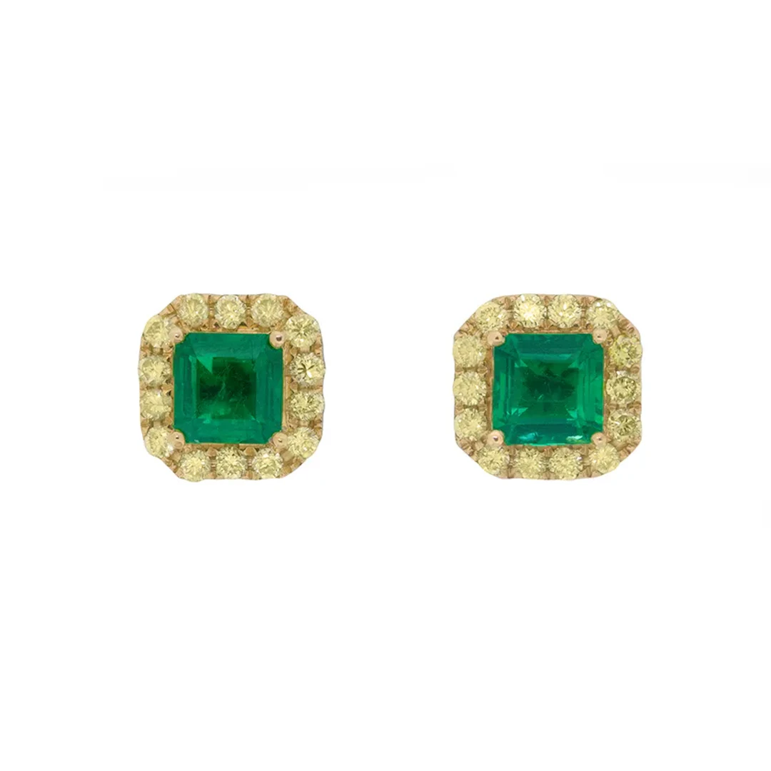 Contemporary 1.29ct Emerald and Fancy Yellow Diamond Earrings