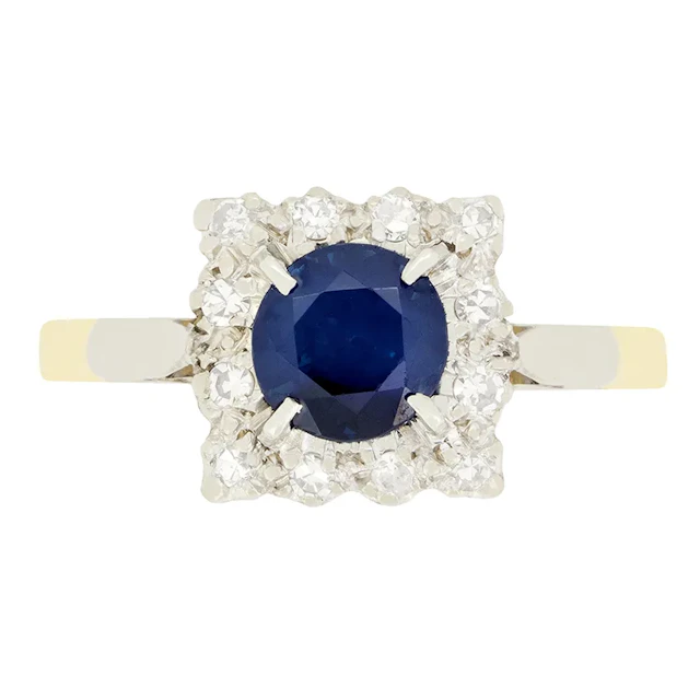 Vintage 1.00ct Sapphire and Diamond Cluster Ring, c.1950s