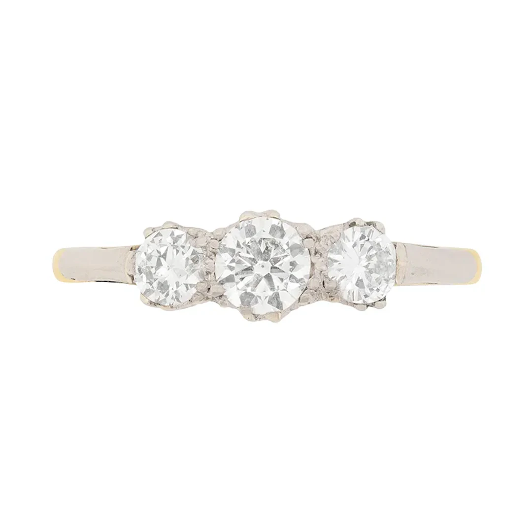 Vintage 0.65ct Transitional Cut Diamond Three Stone Engagement Ring, c.1940s