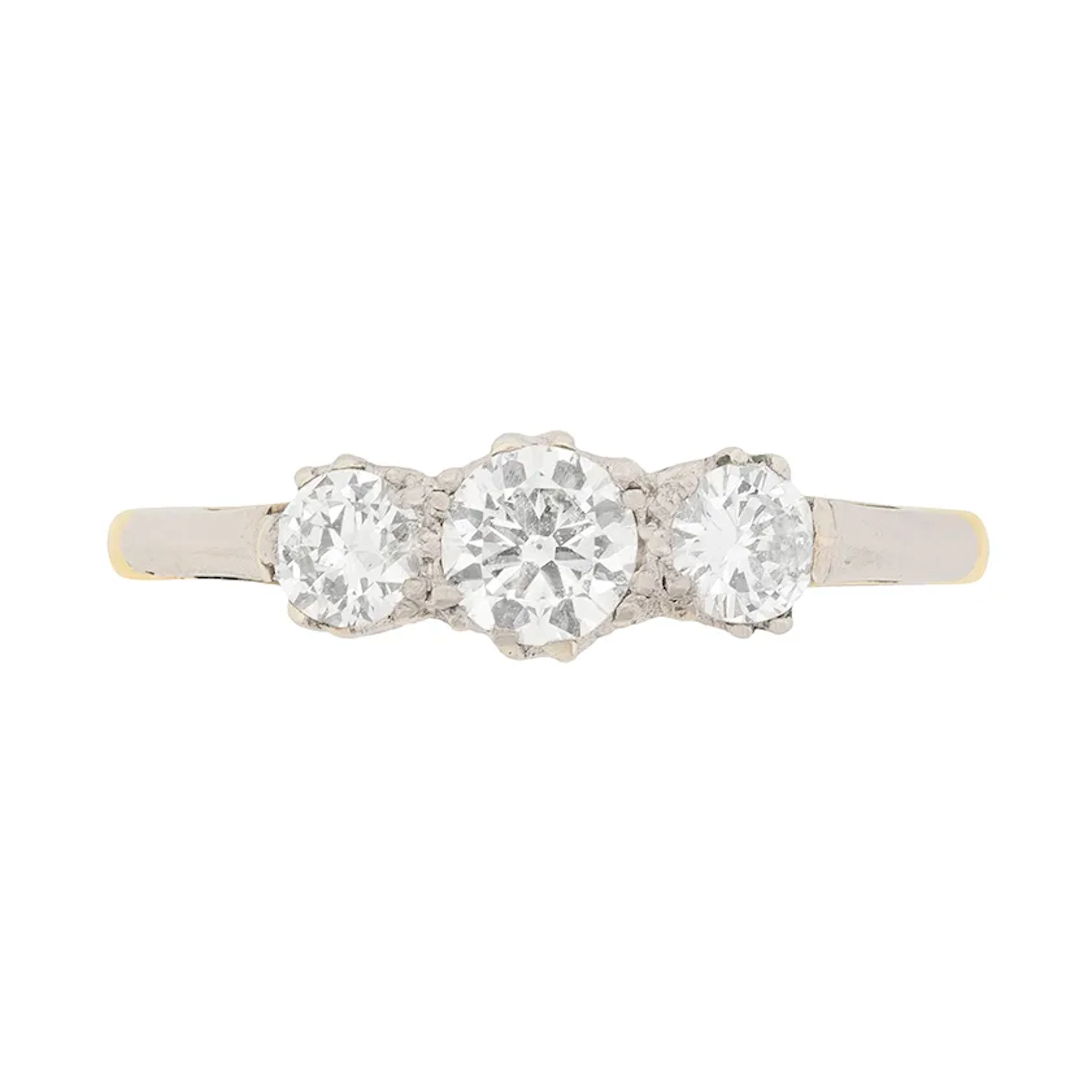 Vintage 0.65ct Transitional Cut Diamond Three Stone Engagement Ring, c.1940s