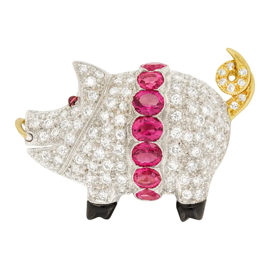 Late Deco Diamond and Pink Sapphire Piglet Brooch, c.1940s