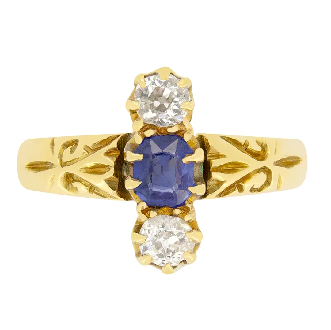 Victorian 0.30ct Sapphire and Diamond Vertical Three Stone Ring, c.1880s
