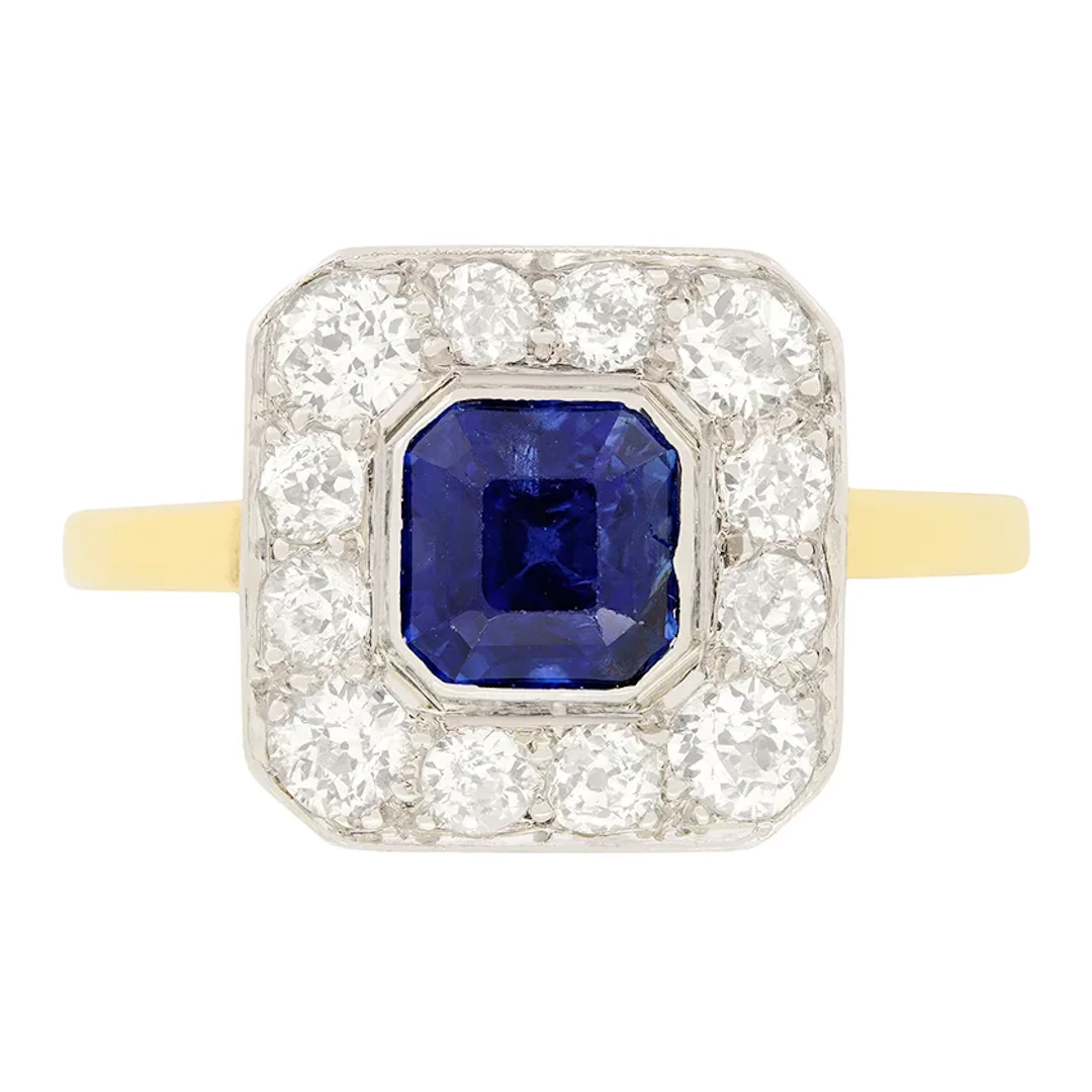 Edwardian 1.30ct Sapphire and Diamond Cluster Ring, c.1910s