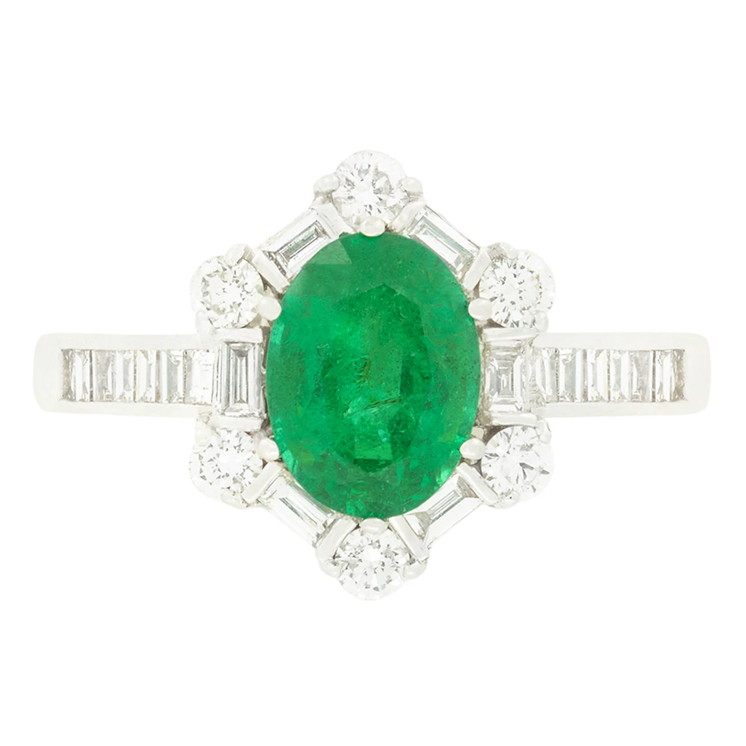 Contemporary 1.34ct Emerald and Diamond Cluster Ring