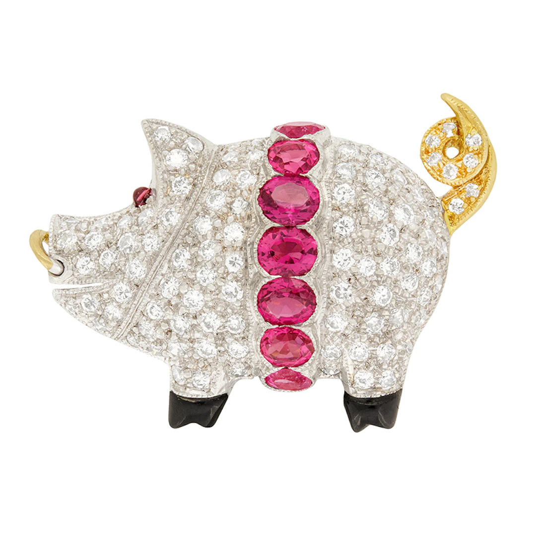 Late Deco Diamond and Pink Sapphire Piglet Brooch, c.1940s