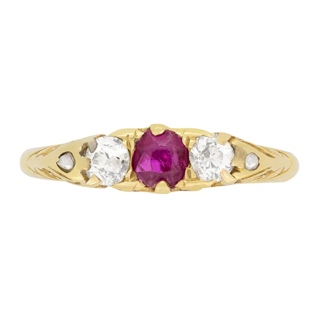 Victorian 0.20ct Ruby and Diamond Three Stone Ring, c.1880s