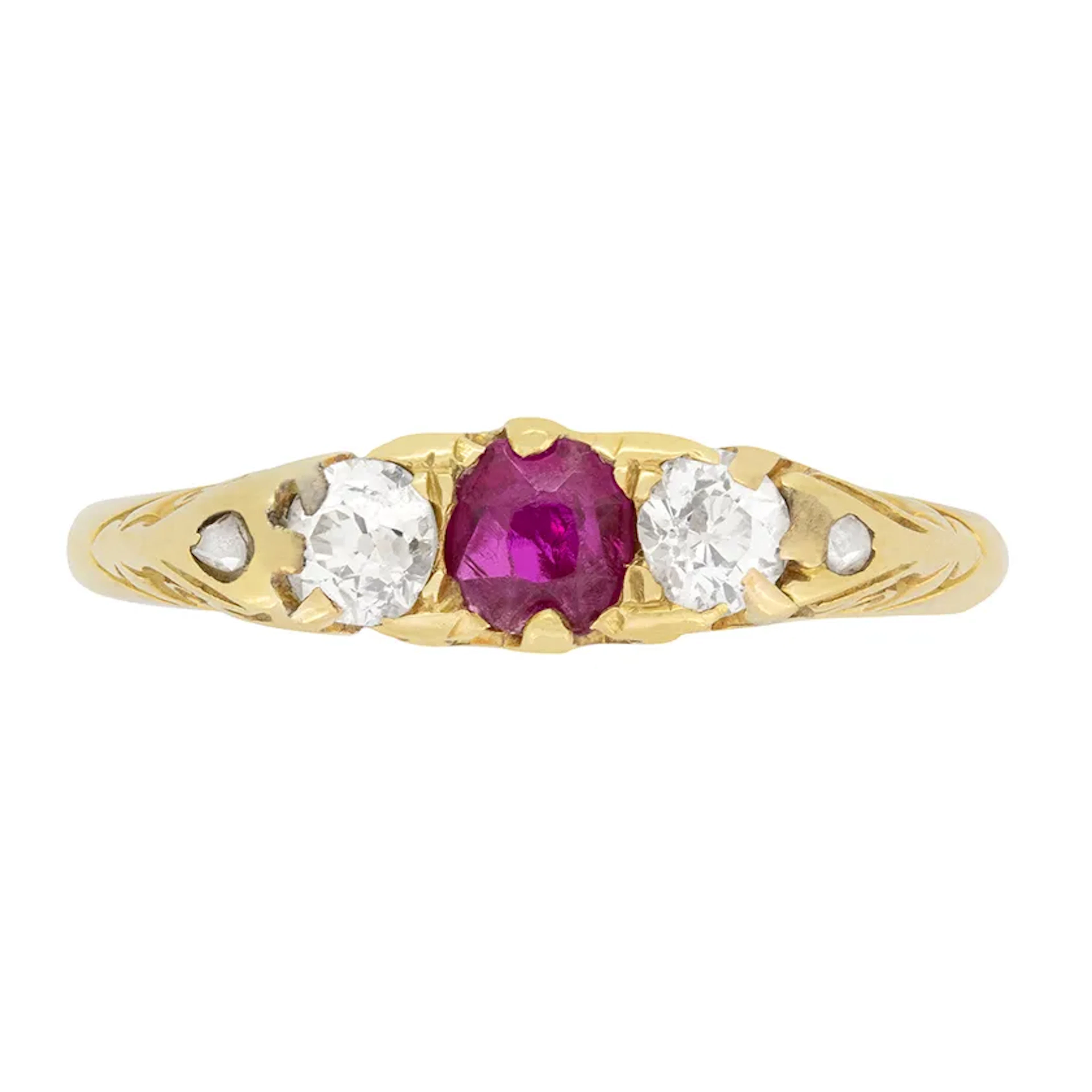Victorian 0.20ct Ruby and Diamond Three Stone Ring, c.1880s