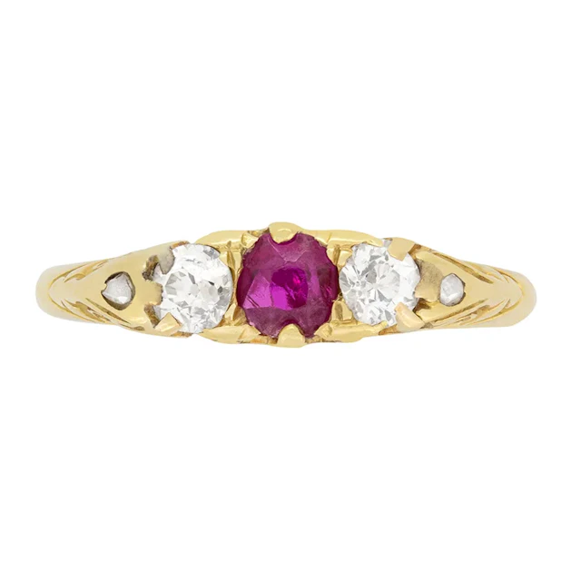 Victorian 0.20ct Ruby and Diamond Three Stone Ring, c.1880s